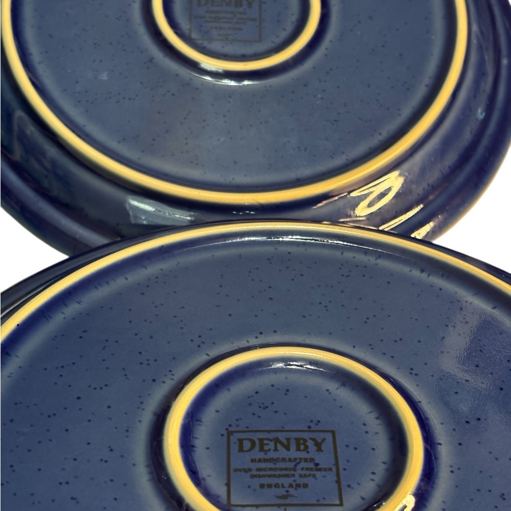 2 Denby Harlequin Dinner Plates Stoneware Navy Blue Rim Green Speckled Center - Picture 7 of 8